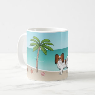 Roter Sable-Papillon-Hund an einem tropischen Somm Kaffeetasse