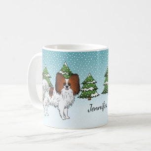 Roter Sable-Papillon-Hund in einem Winterwald Kaffeetasse