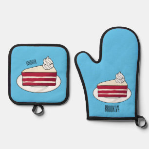 Roter Samtkuchen Cartoon-Illustration Ofenhandschuh & Topflappen-Set