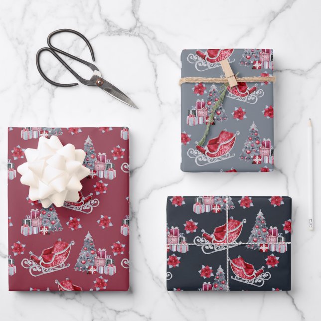 Roter Santa Sleigh und Bäume auf Rot, Grau und Sch Geschenkpapier Set (Vorderseite)