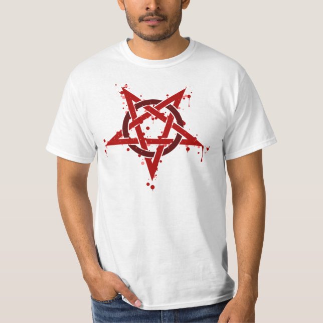 Roter satanischer gepunkteter Pentagram T-Shirt (Vorderseite)