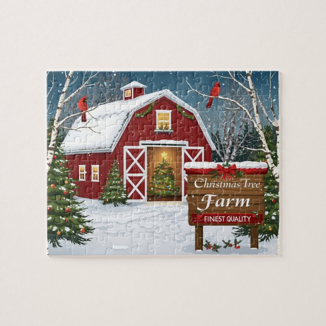 Roter Scheunen-Weihnachtsbaumhof Puzzle (Horizontal)