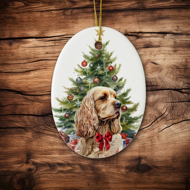 Roter Schleifen-Buff-Blond-Cocker-Spaniel-Hund Keramik Ornament (Von Creator hochgeladen)