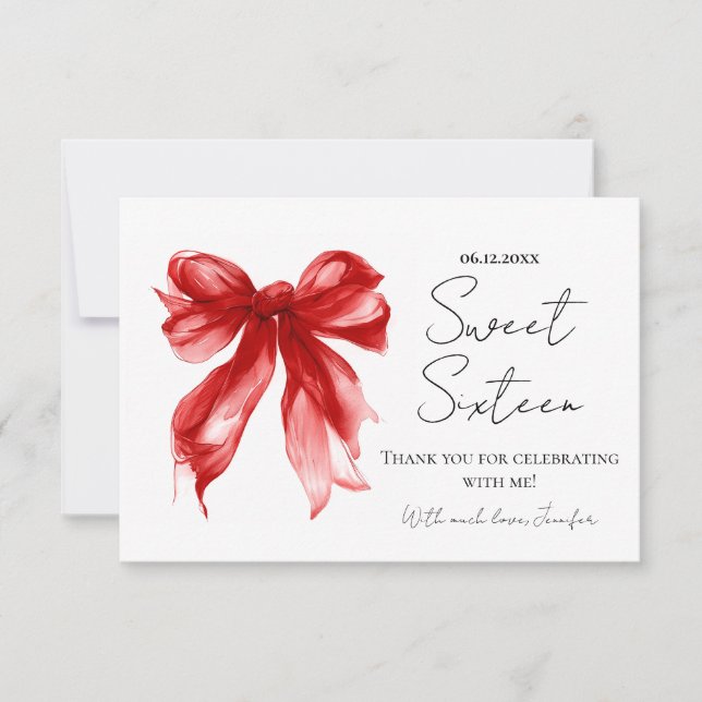 Roter Schleifen-Coquette-Script Sweet 16 Danke  (Vorderseite)