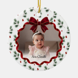 Roter Schleifen-Kind-Foto-Weihnachtsbaum-Ornament Keramik Ornament