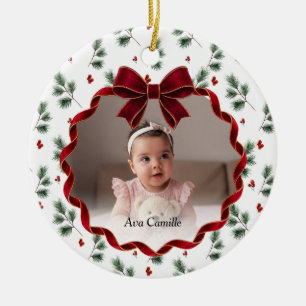 Roter Schleifen-Kind-Foto-Weihnachtsbaum-Ornament Keramik Ornament