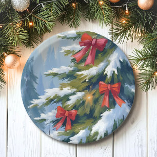 Roter Schleifen-Weihnachtsbaum Aquarellmalerei Pappteller