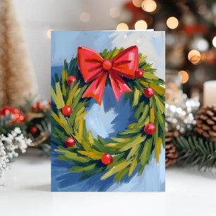 Roter Schleifen-Weihnachtskranz Wasserfarbe Feiertagskarte