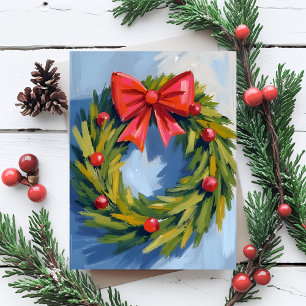 Roter Schleifen-Weihnachtskranz   Wasserfarbe Feiertagspostkarte