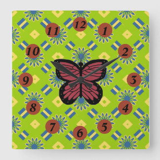 Roter Schmetterling auf grüner Wand-Papier-Wanduhr Quadratische Wanduhr