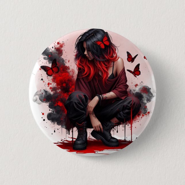 Roter Schmetterling Grunge Mädchen Button (Vorderseite)