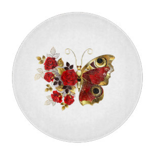 Roter Schmetterling mit roten Rosen Schneidebrett