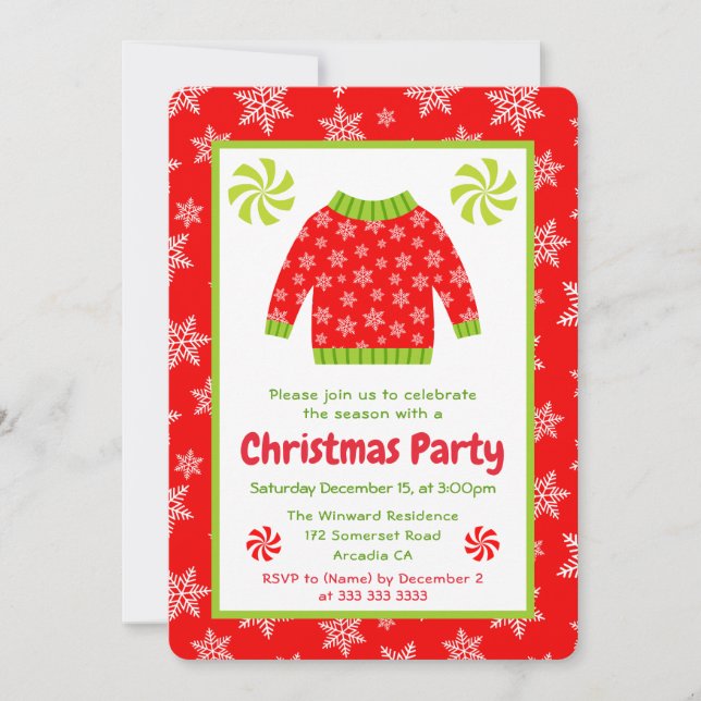 Roter Schneeblatt Weihnachtspullover Party Einladung (Vorderseite)