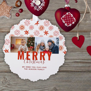 Roter Schneeflocke Frohe Weihnachten Familie 2 Fot Ornament Karte