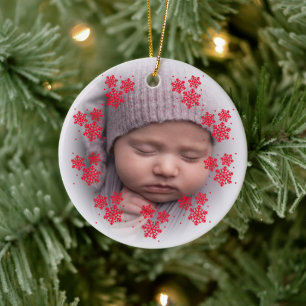 Roter Schneeflocken aus neugeborenem Foto Keramik Ornament