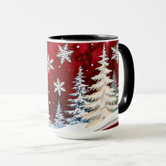 Roter Schneeflocken-Winterwald-Weihnachtsbecher Tasse