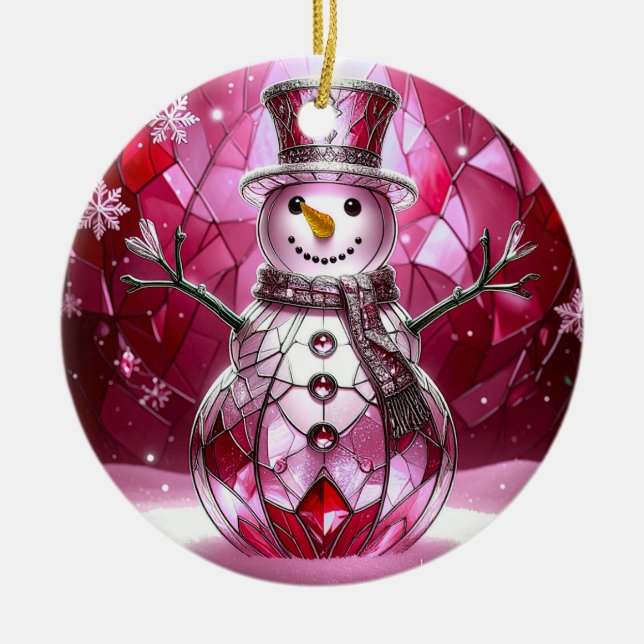 Roter Schneemann-Schneeflocken-Weihnachtsbaumanhän Keramik Ornament (Vorne)