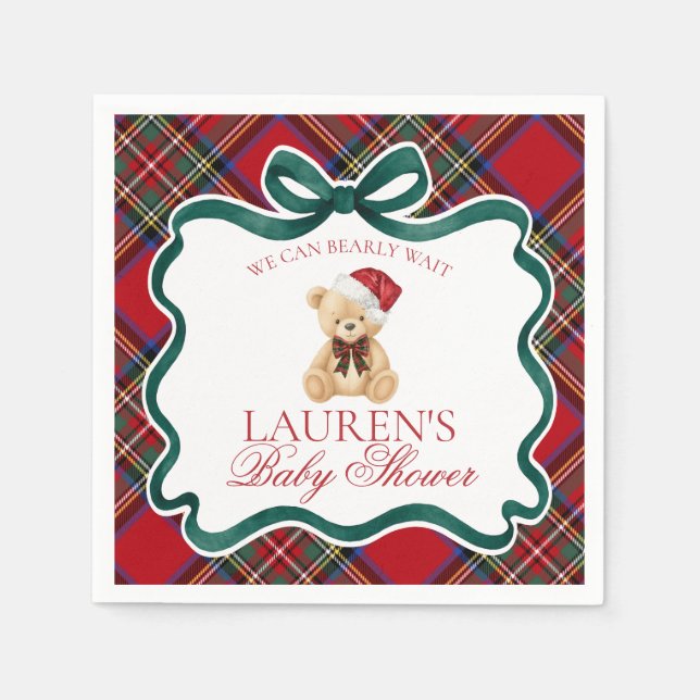 Roter Schottenkarode Weihnachtsbär Baby Shower Serviette (Vorderseite)