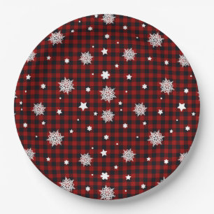 Roter schwarzer Buffalo-Karo Schneeblatt Winter We Pappteller
