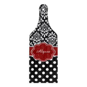 Roter schwarzer Damast punktiert personalisiertes Schneidebrett