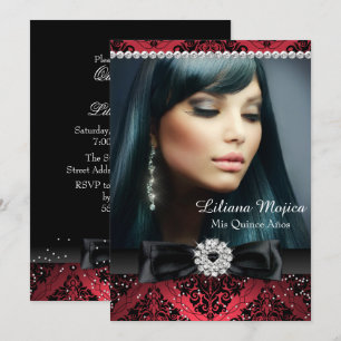 Roter schwarzer Diamant-Bogen Damast Quinceanera Einladung