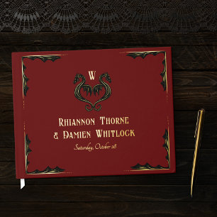 Roter schwarzer goldener Drachen-Monogramm-Fantasy Gästebuch