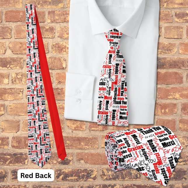 Roter schwarzer mehrsprachiger typografischer Coll Krawatte (Red and black multilingual thank you word cloud with red back. )