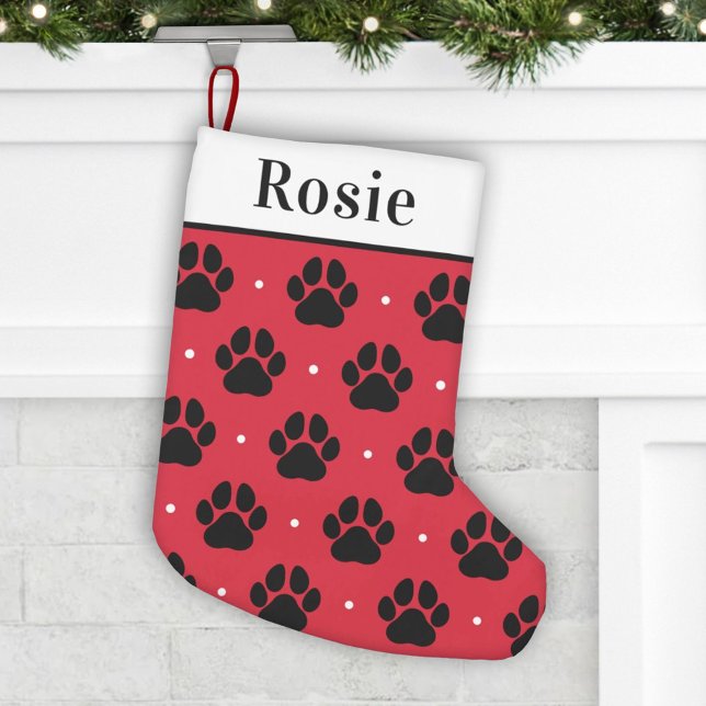 Roter schwarzer Pad Name Paw Print Monogram Kleiner Weihnachtsstrumpf (Von Creator hochgeladen)