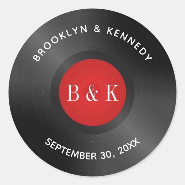 Roter schwarzer Rock und Roll Monogramm Name Vinyl Runder Aufkleber (Vorderseite)
