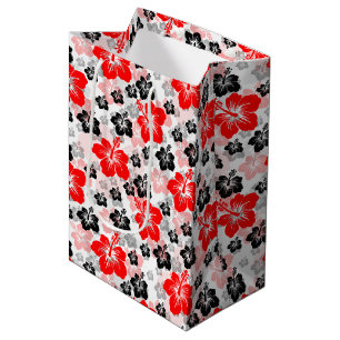 Roter schwarzer tropischer Hibiskus-Blumenprint  Mittlere Geschenktüte