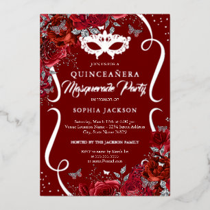 Roter Silber Blumenrolle Masquerade Quinceanera Folieneinladung