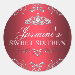 Roter Silber-Damask & Tiara Sweet 16 Aufkleber