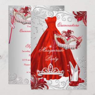 Roter Silberkleid-Masquerade-Quinceanera-Maske Einladung
