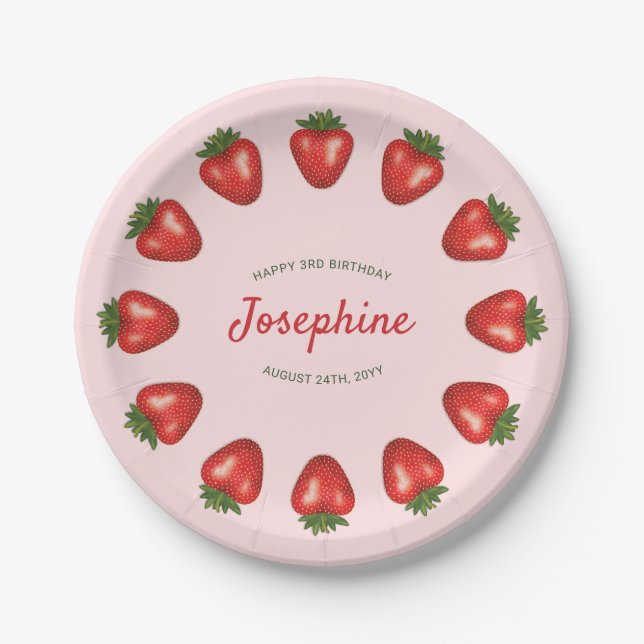 Roter Sommer Erdbeeren am rosa Geburtstag Pappteller (Vorderseite)