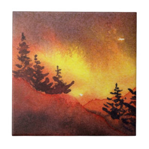 Roter Sonnenuntergang Originale Kunst Pine Tree Ti Fliese