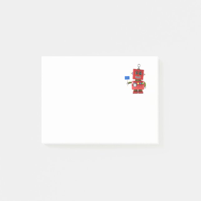 Roter Spielzeugroboter mit hallo Zeichen Post-it Klebezettel (Vorderseite)