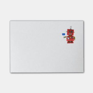 Roter Spielzeugroboter mit Hello-Schild Post-it Klebezettel
