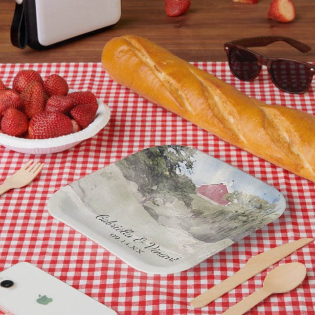 Roter Stall auf der Hillside Country Farm Wedding Pappteller (Picknick)