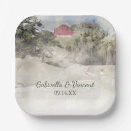 Roter Stall auf der Hillside Country Farm Wedding Pappteller