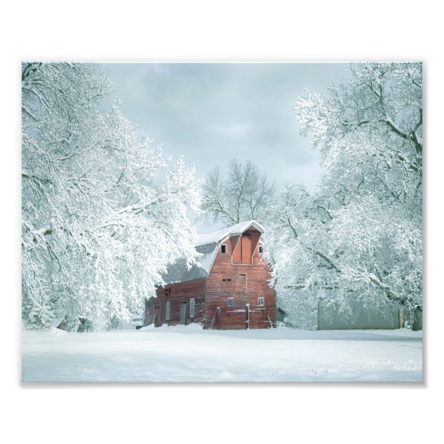 Roter Stall im Winter Fotodruck (Vorne)