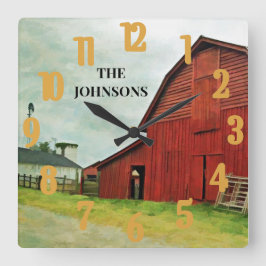Roter Stall Landschaftlich Rustikales Land  Quadratische Wanduhr