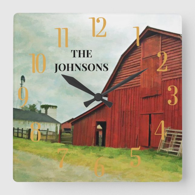 Roter Stall Landschaftlich Rustikales Land  Quadratische Wanduhr (Vorderseite)