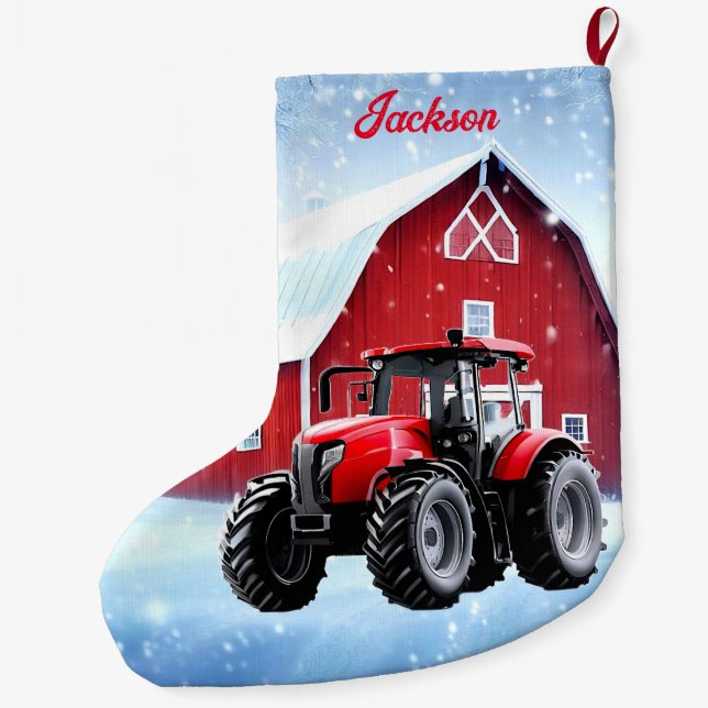 Roter Stall und moderner roter Traktor Großer Weihnachtsstrumpf (Rückseite)