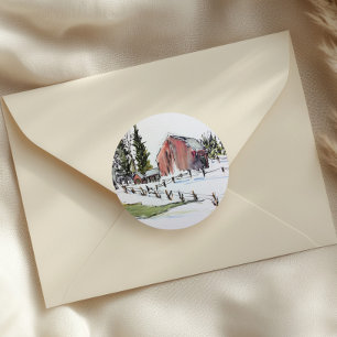 Roter Stallaufkleber, schneebedeckte Wintertöne Runder Aufkleber