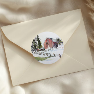 Roter Stallaufkleber, schneebedeckte Wintertöne Runder Aufkleber