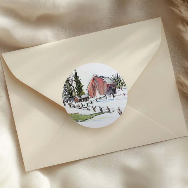 Roter Stallaufkleber, schneebedeckte Wintertöne Runder Aufkleber (Von Creator hochgeladen)