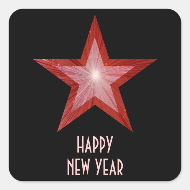 Roter Star "Happy New Year"-Aufkleber schwarz Quadratischer Aufkleber (Vorderseite)