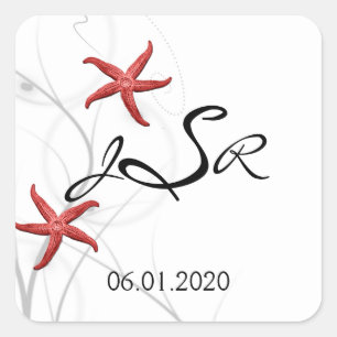 Roter Starfish mit Silberkornmonogramm-Aufkleber Quadratischer Aufkleber