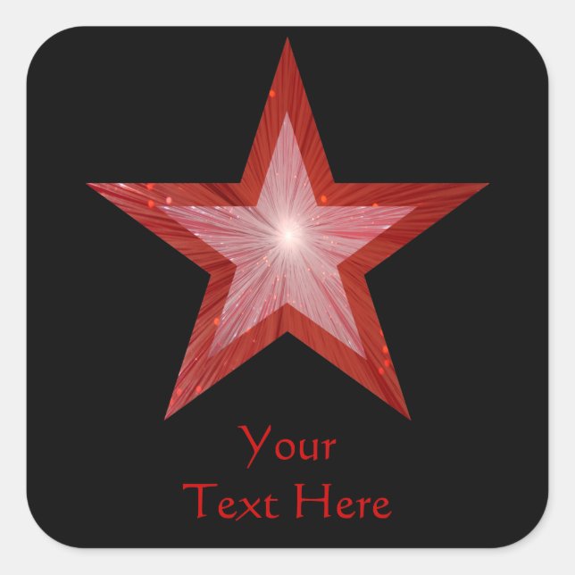 Roter Stern "Dein Text" viereckiger Aufkleber schw (Vorderseite)