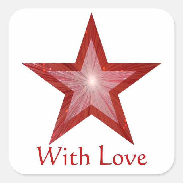 Roter Stern "Mit Liebe" viereckiger Aufkleber weiß (Vorderseite)